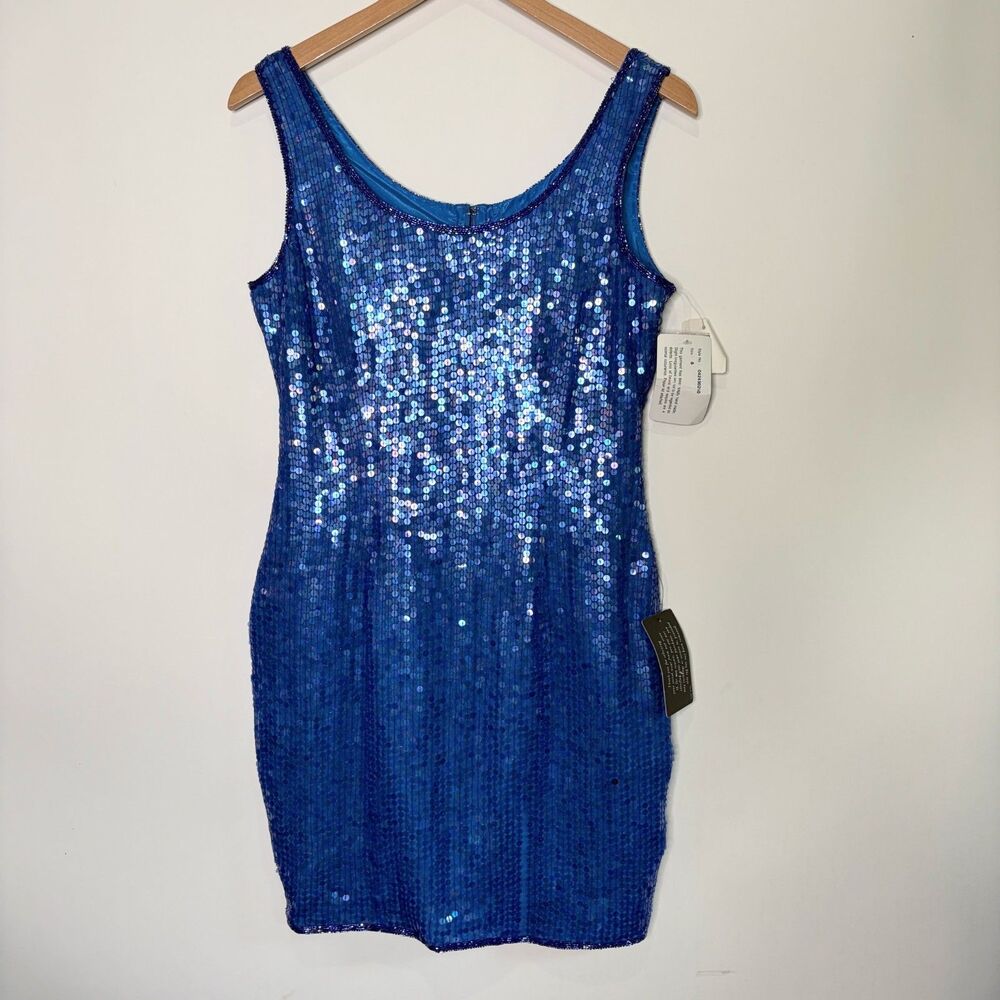 Vintage Papell Boutique Evening Dress Mini Bodycon Sequin Blue Silk Women 8